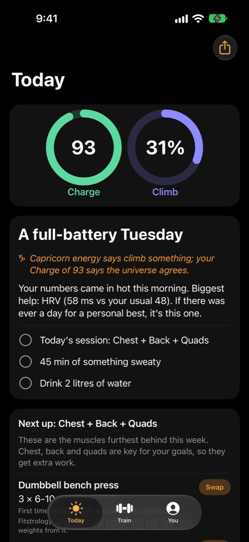 Today screen: Charge 93, Climb 31%, the forecast 'A full-battery Tuesday' and a Capricorn star line